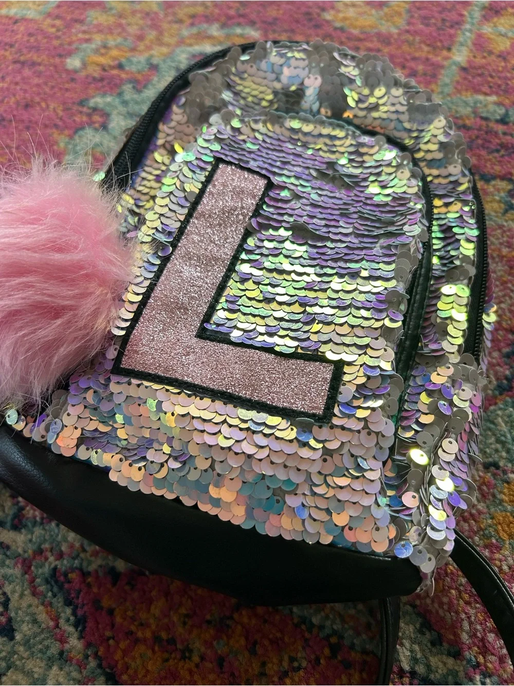 Justice | Girls Iridescent Sequin Mini Backpack with Pink Pom Pom and Letter L